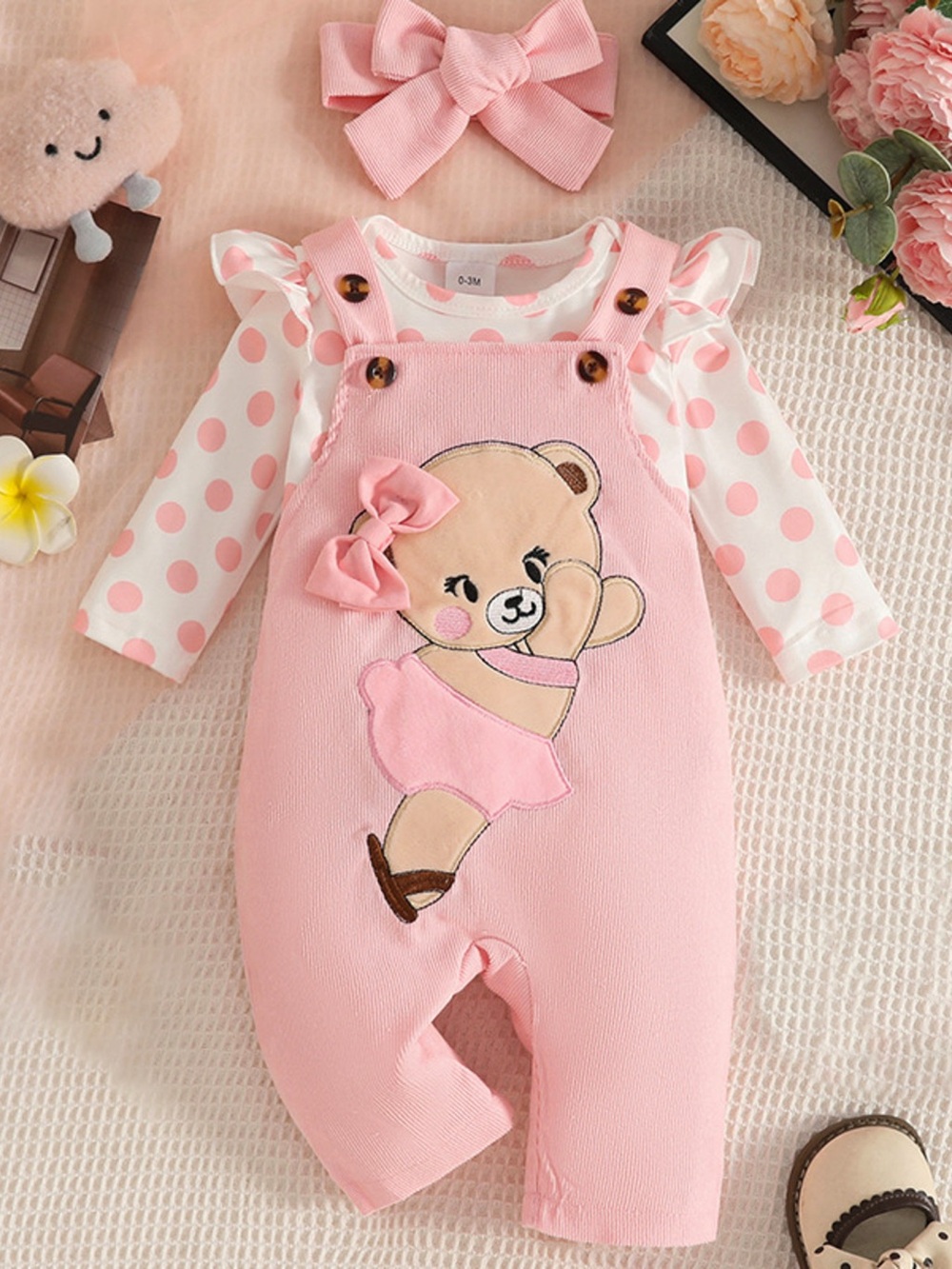 Pink Bear Appliqué Baby One-Piece Overalls with Polka Dot Top